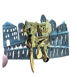 Pewter Cats on the Fence brooch pin silver- & gold-tone metals novelty jewelry